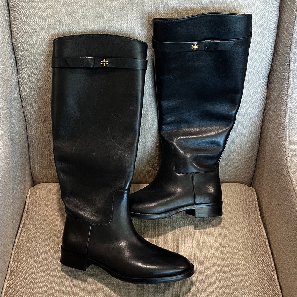 NEW Tory Burch Everly Strap Black Leather Riding Boots Size 6 Wide